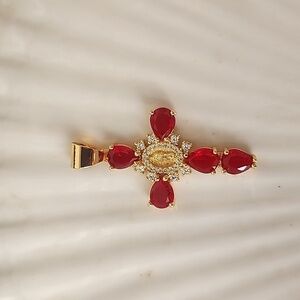 Gold Steel Cross Pendant Crystal Simulated Red Ruby Stones and Virgin Ma…